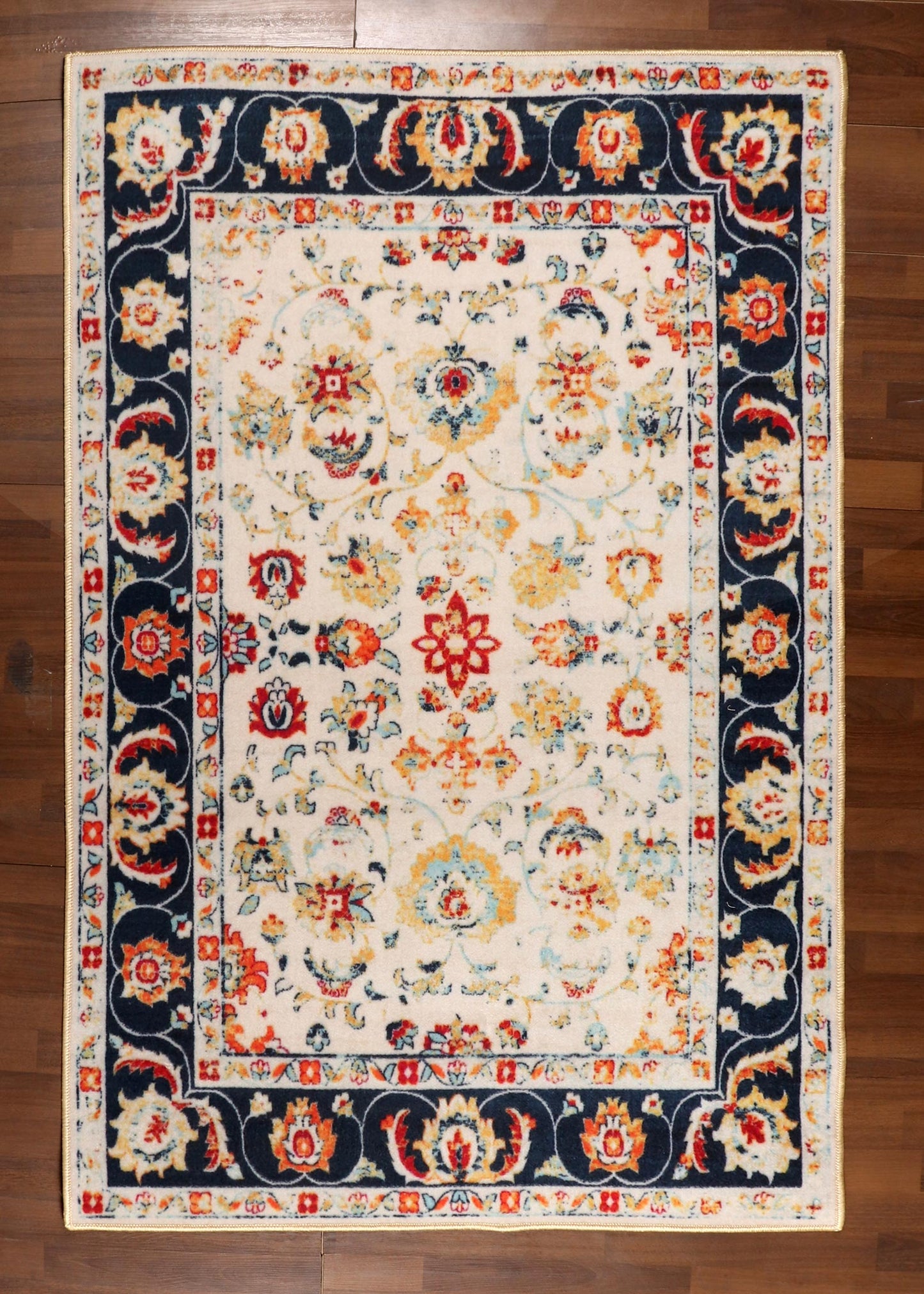 Ivory Floral Medallion Rug – Traditional Design with TPR Backing
