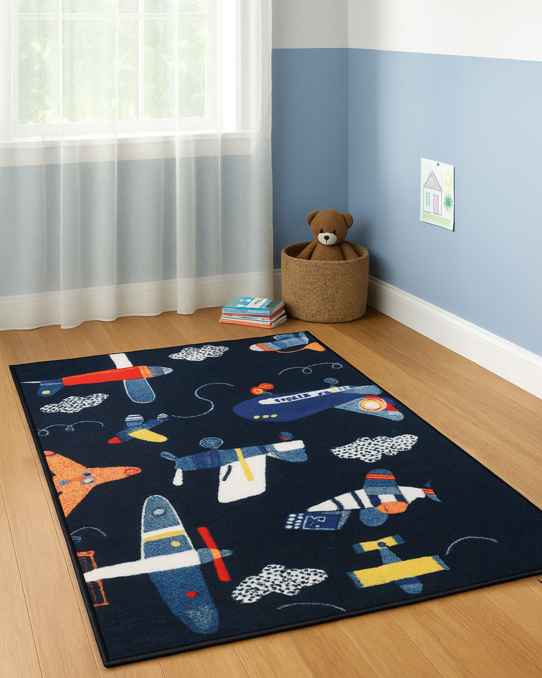 Dark Blue Multi Color Airplanes Print Rug