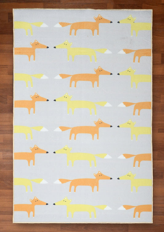 Blue Grey Multi Color Fox Print Rug