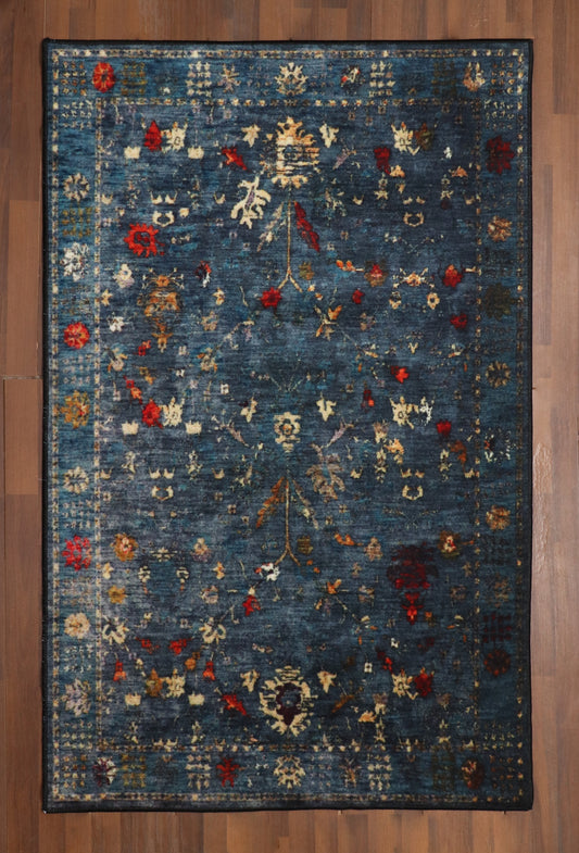 Dark Blue Distressed Rug with Floral Pattern