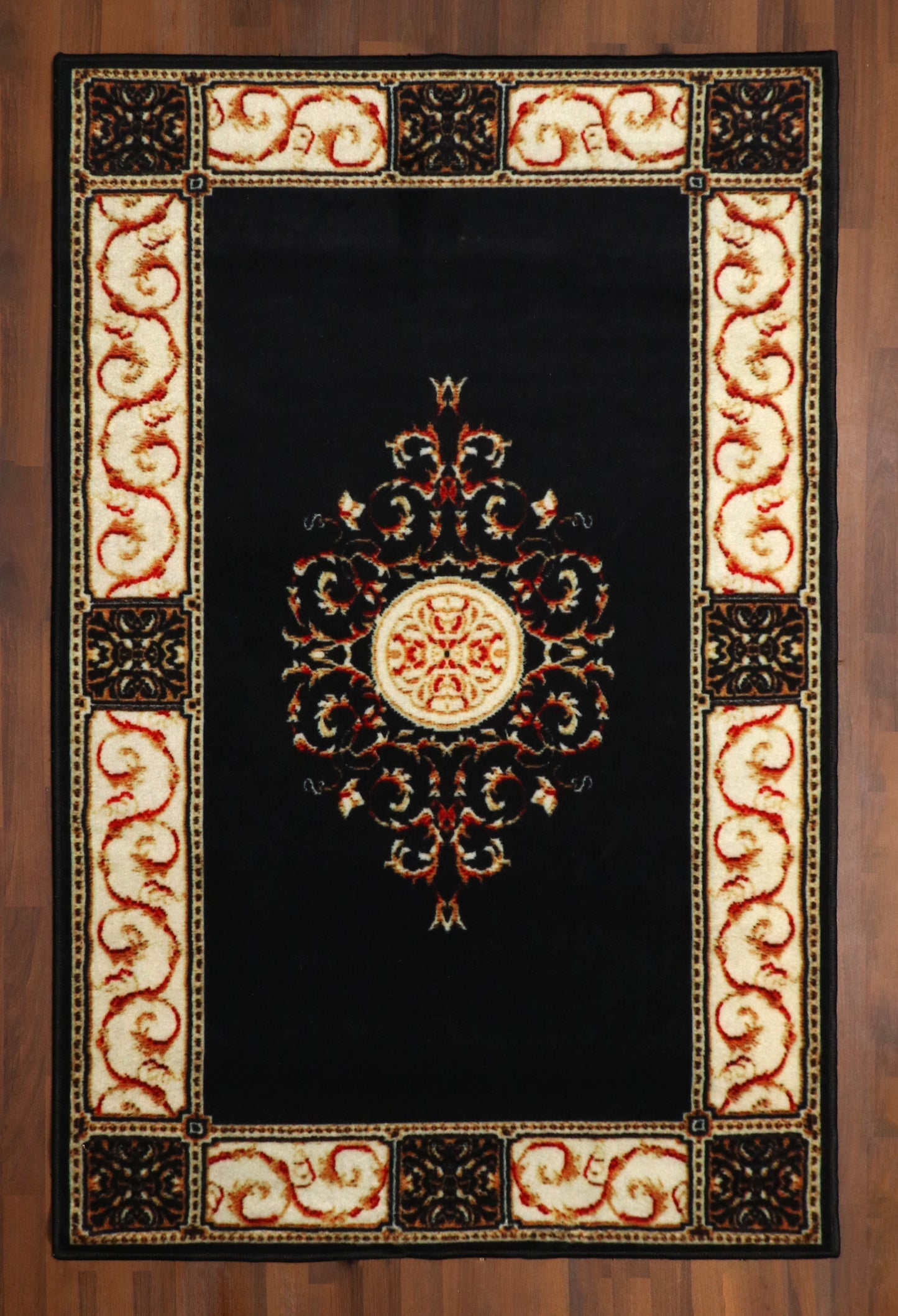 Majestic Black Area Rug with Antique Pattern and Cream Border Detailing