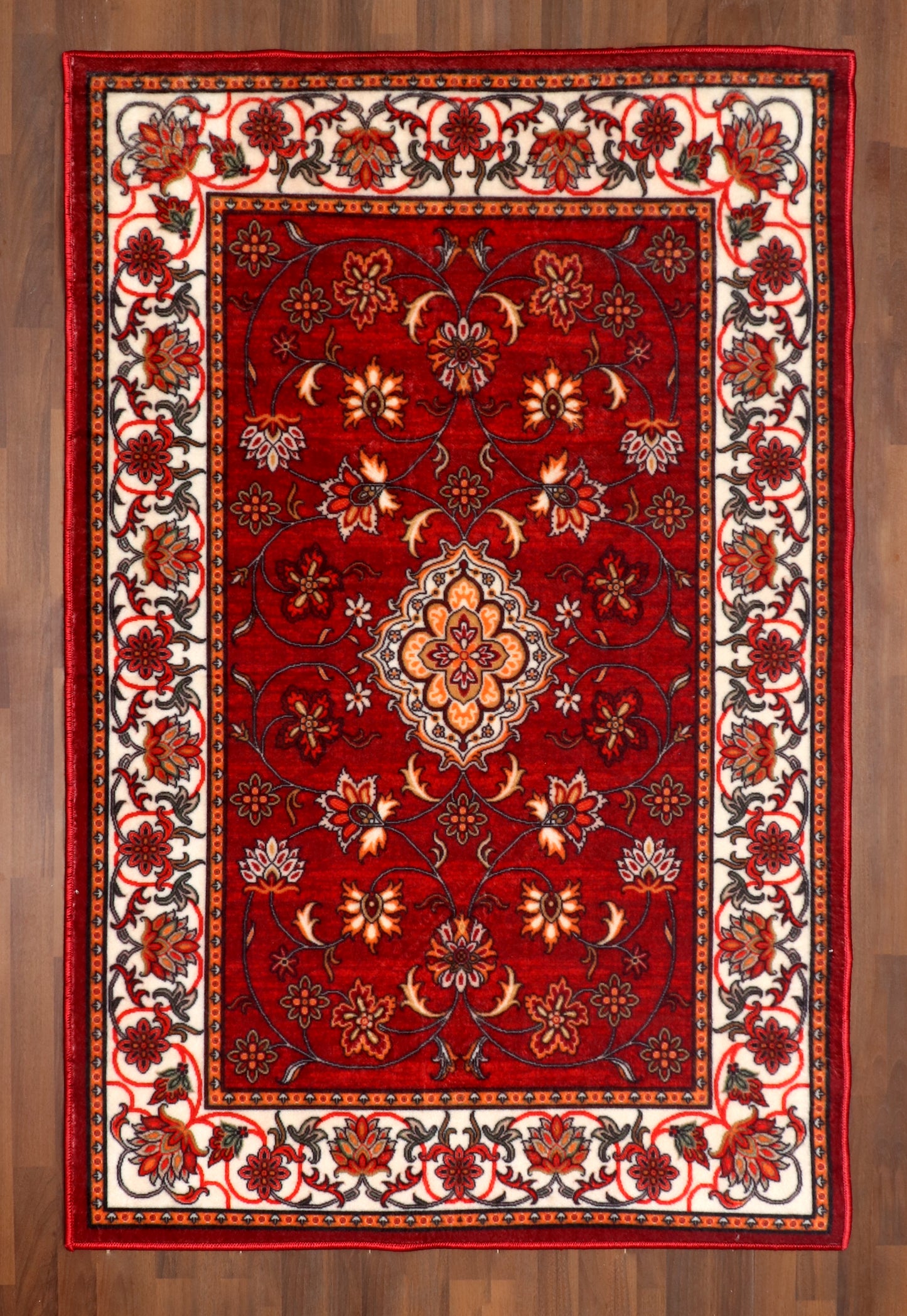 Modern Medallion Red Floral Non-Woven Rug with Felt Back