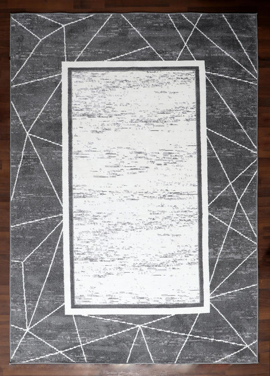Turkish Geometric Elegance Machine-Made Rug in Gray and White
