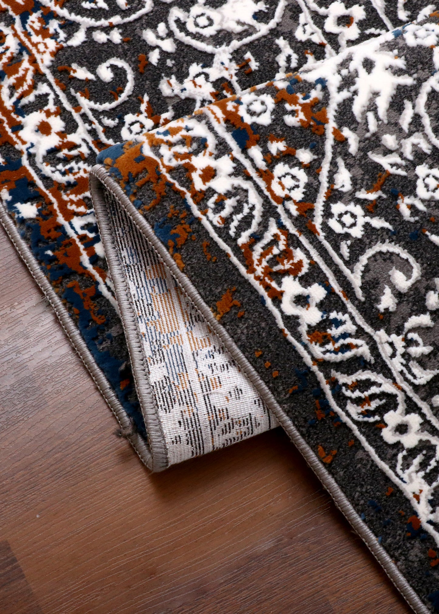 Luxury Turkish Distressed Medallion Rug – Charcoal Grey with Rust Accents