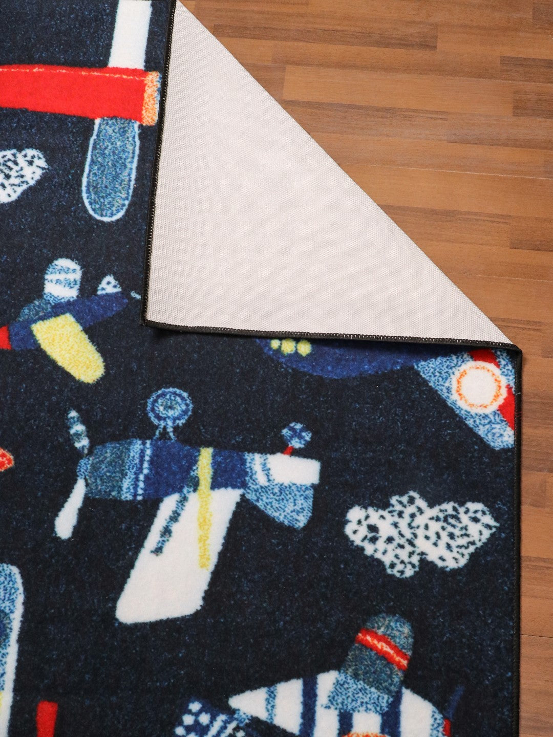 Dark Blue Multi Color Airplanes Print Rug