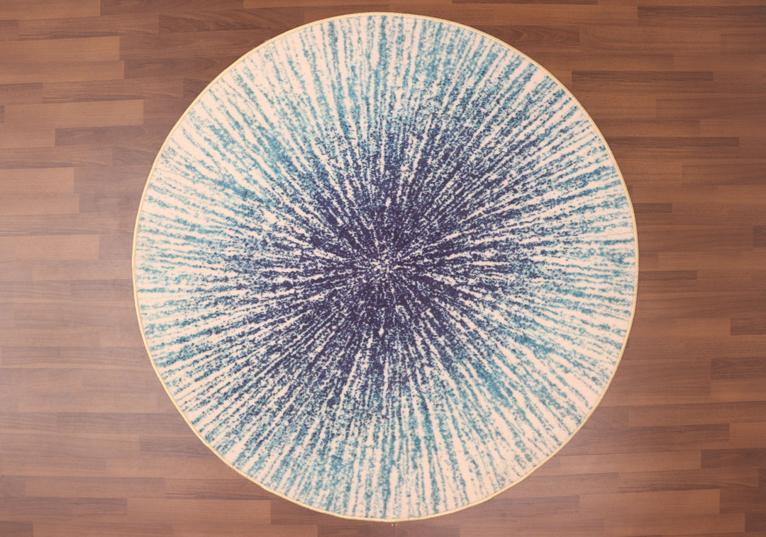 Beige and Blue Abstract Print Round Rug
