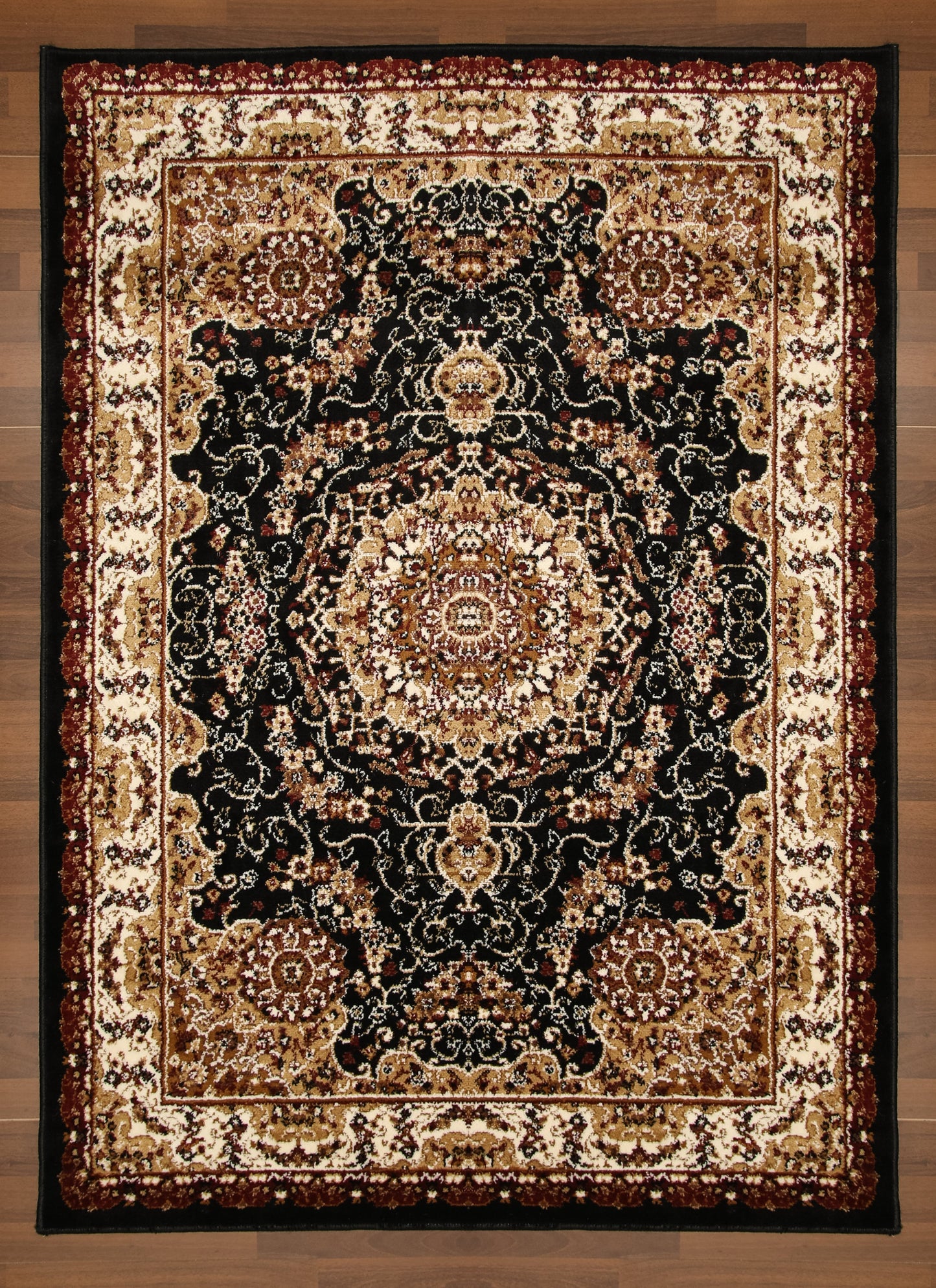 Black Red & Beige Medallion Traditional Design Rug
