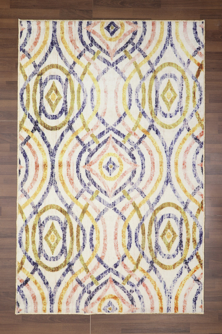 Beige with Multi Color Killim Print Rectangle Non Woven Rug with Non Slip TPR Backing For Everyday Use