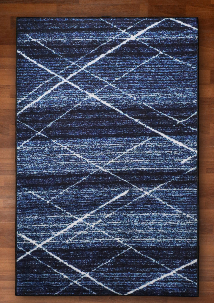 Dark Blue Strips with White Color Cris Cross Print Non Woven Rug with Non Slip TPR Backing For Everyday Use