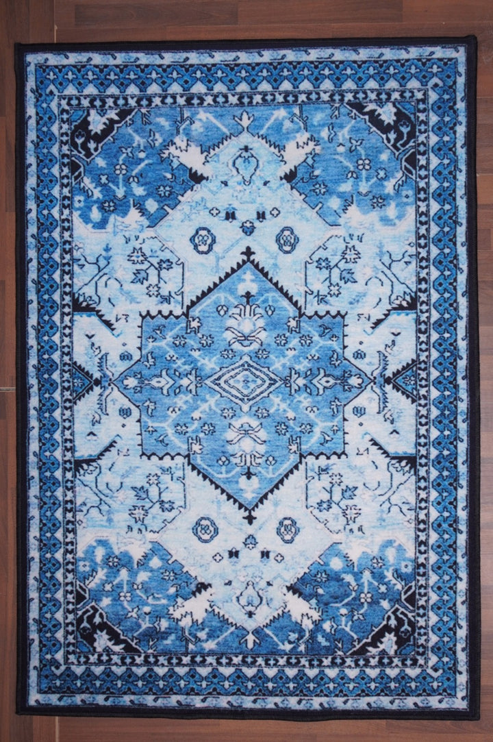 Blue And Sky Blue Color Medallion Print Rectangle Non Woven Rug with Non Slip TPR Backing For Everyday Use