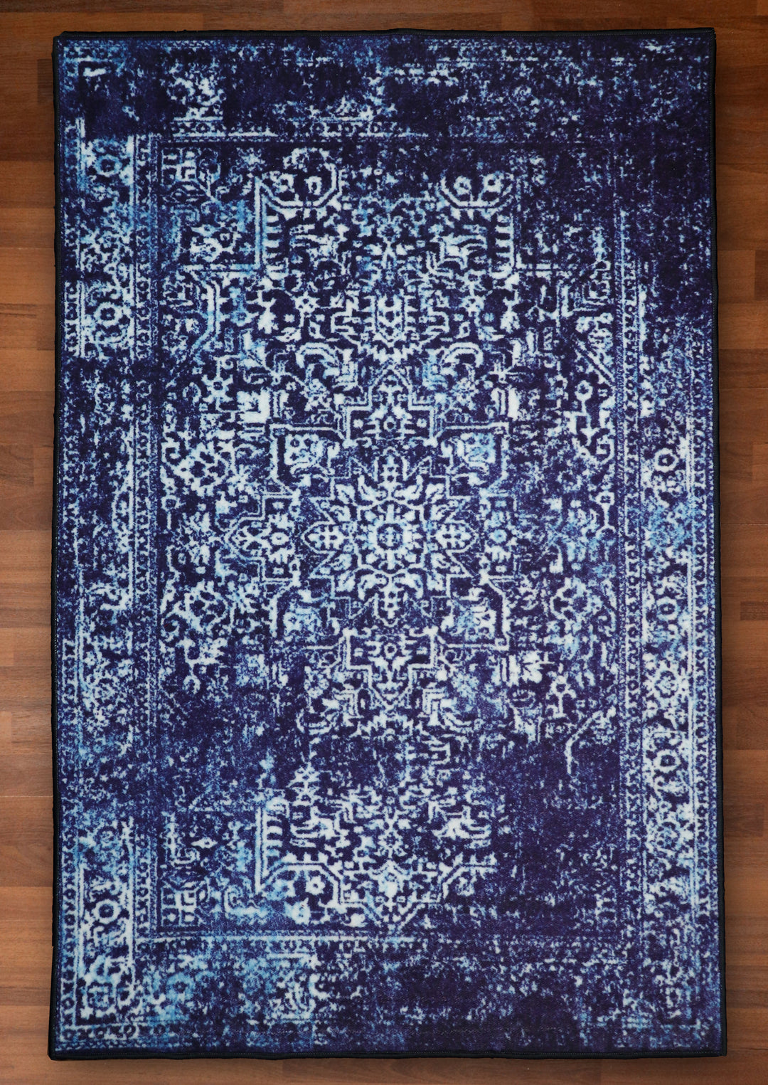 Blue and Beige Medallion  Print Rectangle Non Woven Rug with Non Slip TPR Backing For Everyday Use