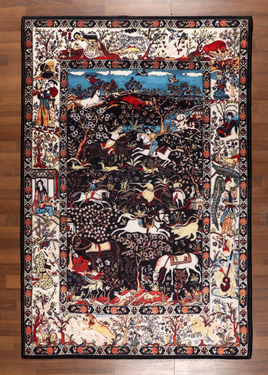 Vintage-Inspired Hunting Scene Rug – Black & Multicolor with TPR Backing
