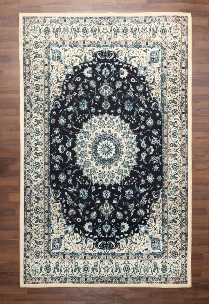 Luxurious Midnight Non-Woven Floral Medallion Rug with TPR Backing