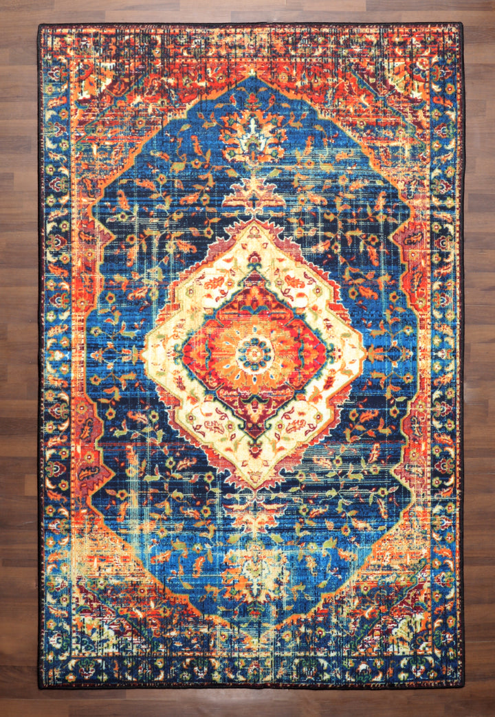 Vibrant Blue and Orange Oriental Rug –TPR Non-Slip Backing