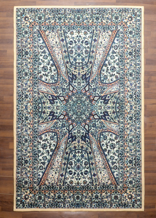 Classic Cream and Navy Floral Starburst Rug – TPR Backing