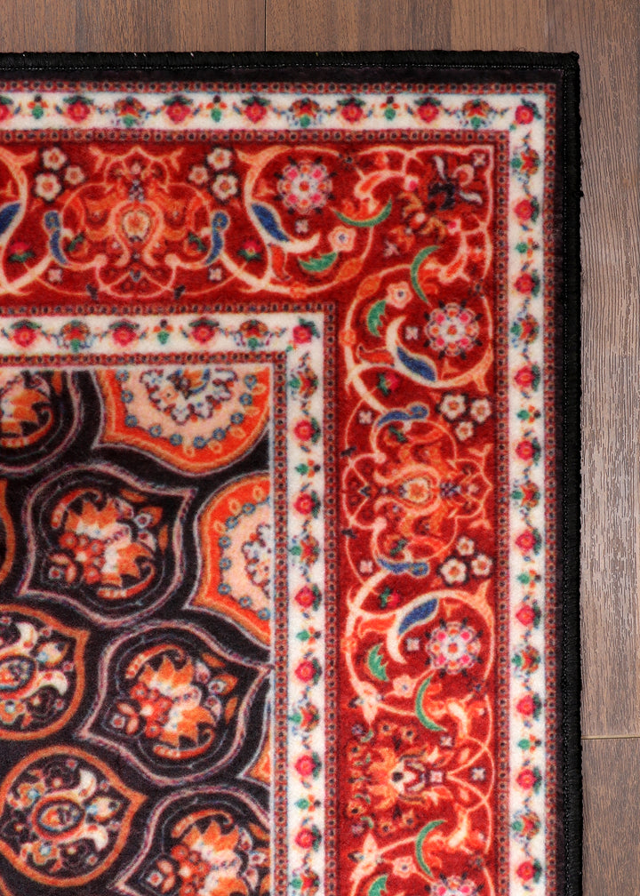 Vibrant Red and Navy Non-Woven Medallion Rug – Felt Backing