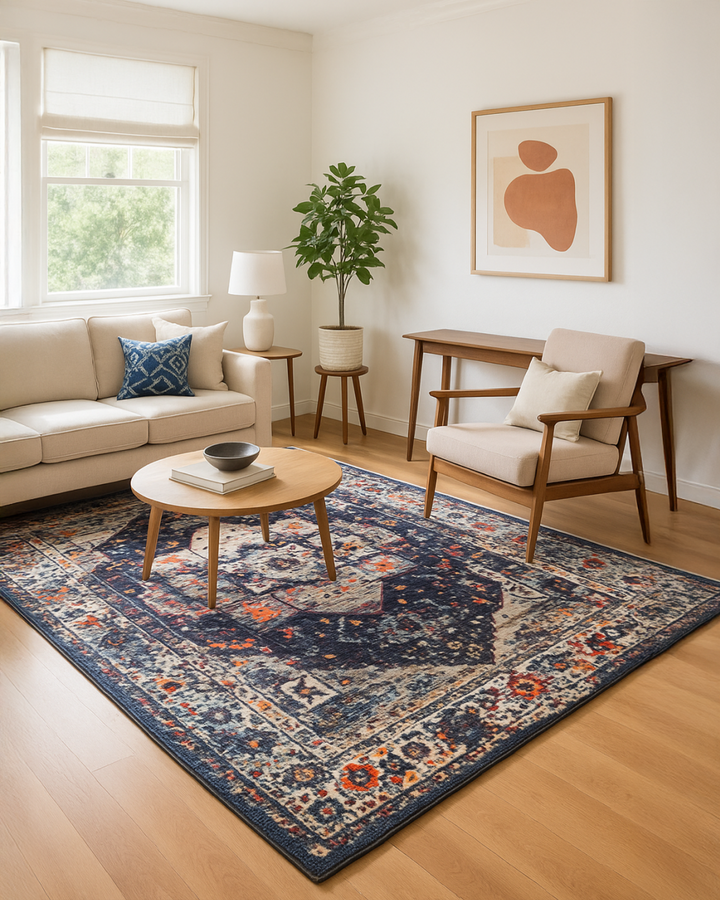 Dark Blue Multicolor Medallion Print Rug