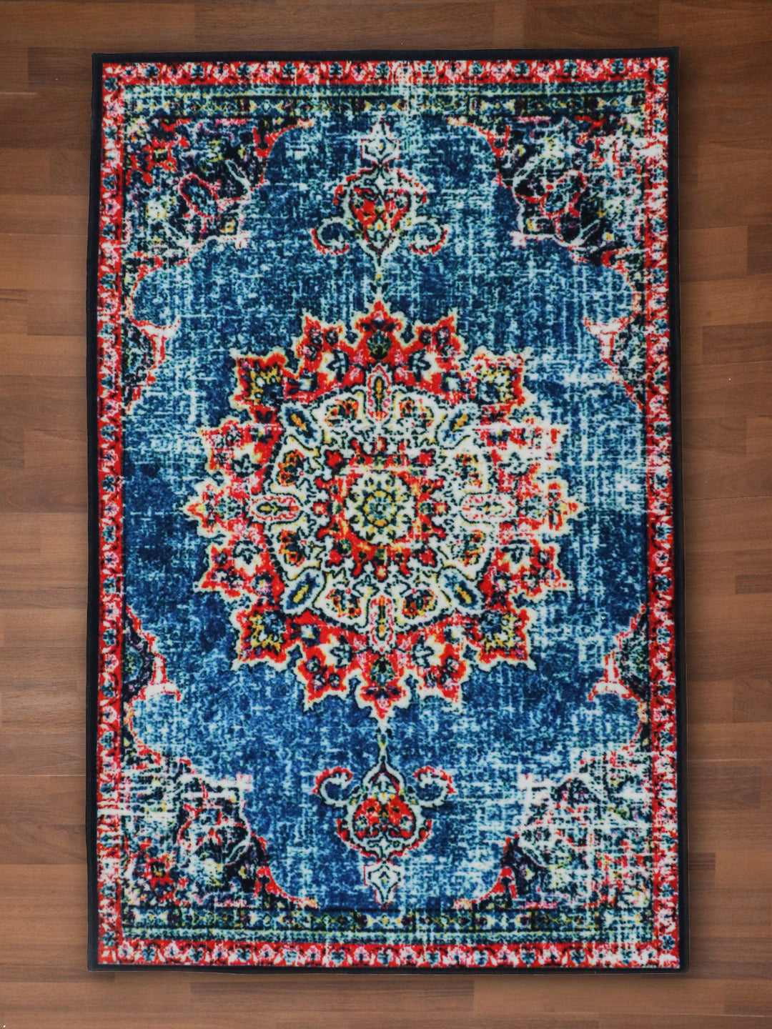 Sky Blue with Multi Color Medallion Print Rectangle Non Woven Rug with Non Slip TPR Backing For Everyday Use