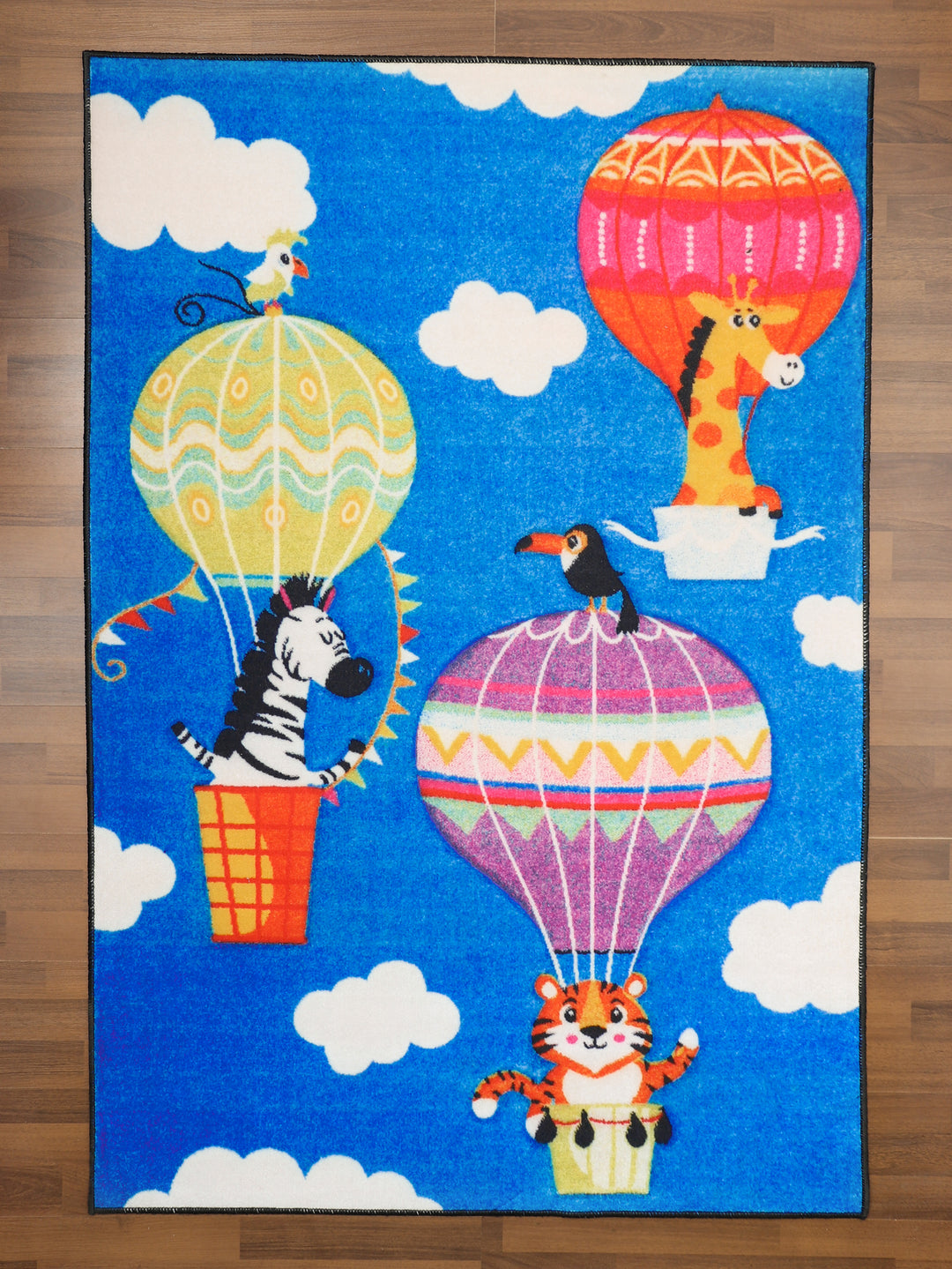 Blue With Multi Color Hot Air Baloon & Animals Drawing Print Rug