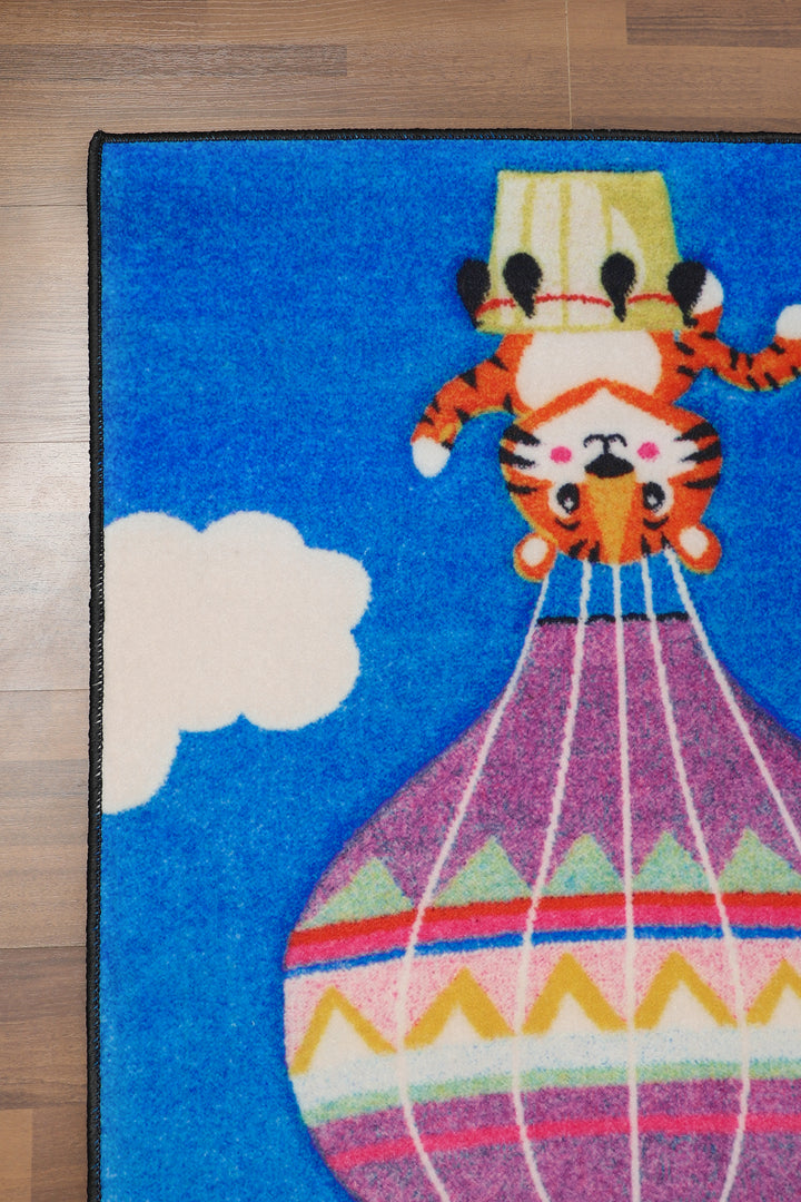 Blue With Multi Color Hot Air Baloon & Animals Drawing Print Rug