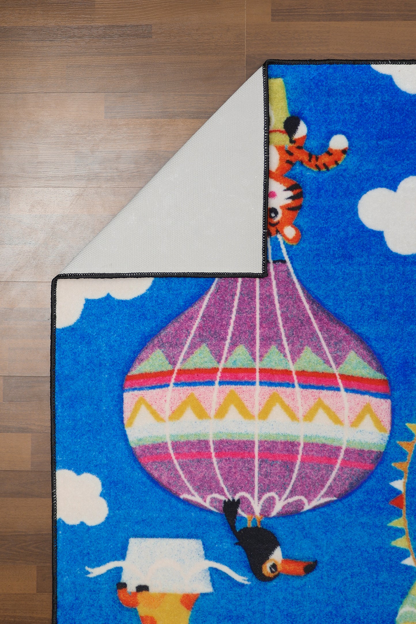 Blue With Multi Color Hot Air Baloon & Animals Drawing Print Rug