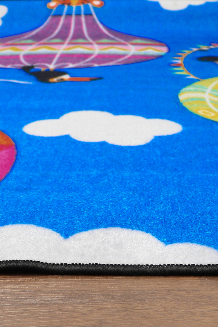 Sky Blue with Multi Color Kids Drawing Print Rectangle Kids Non Woven Rug with Non Slip TPR Backing For Everyday Use