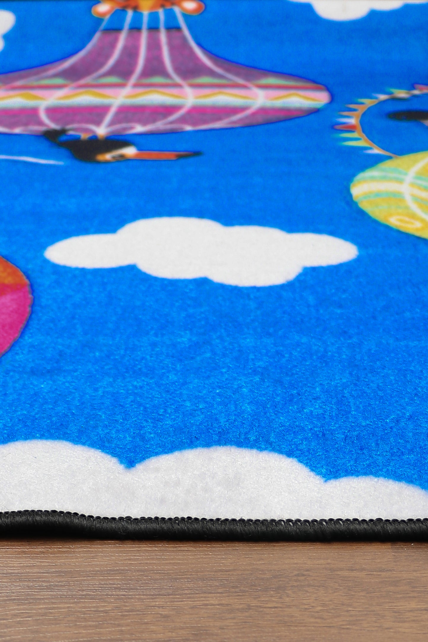 Blue With Multi Color Hot Air Baloon & Animals Drawing Print Rug