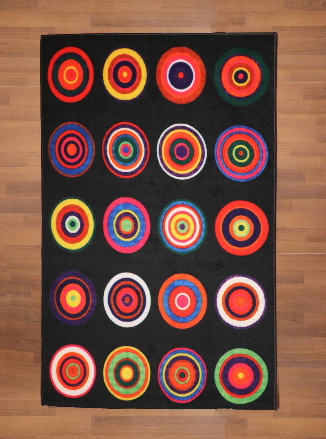 Black  with Multi Color Circular Print Rectangle Kids Non Woven Rug with Non Slip TPR Backing For Everyday Use