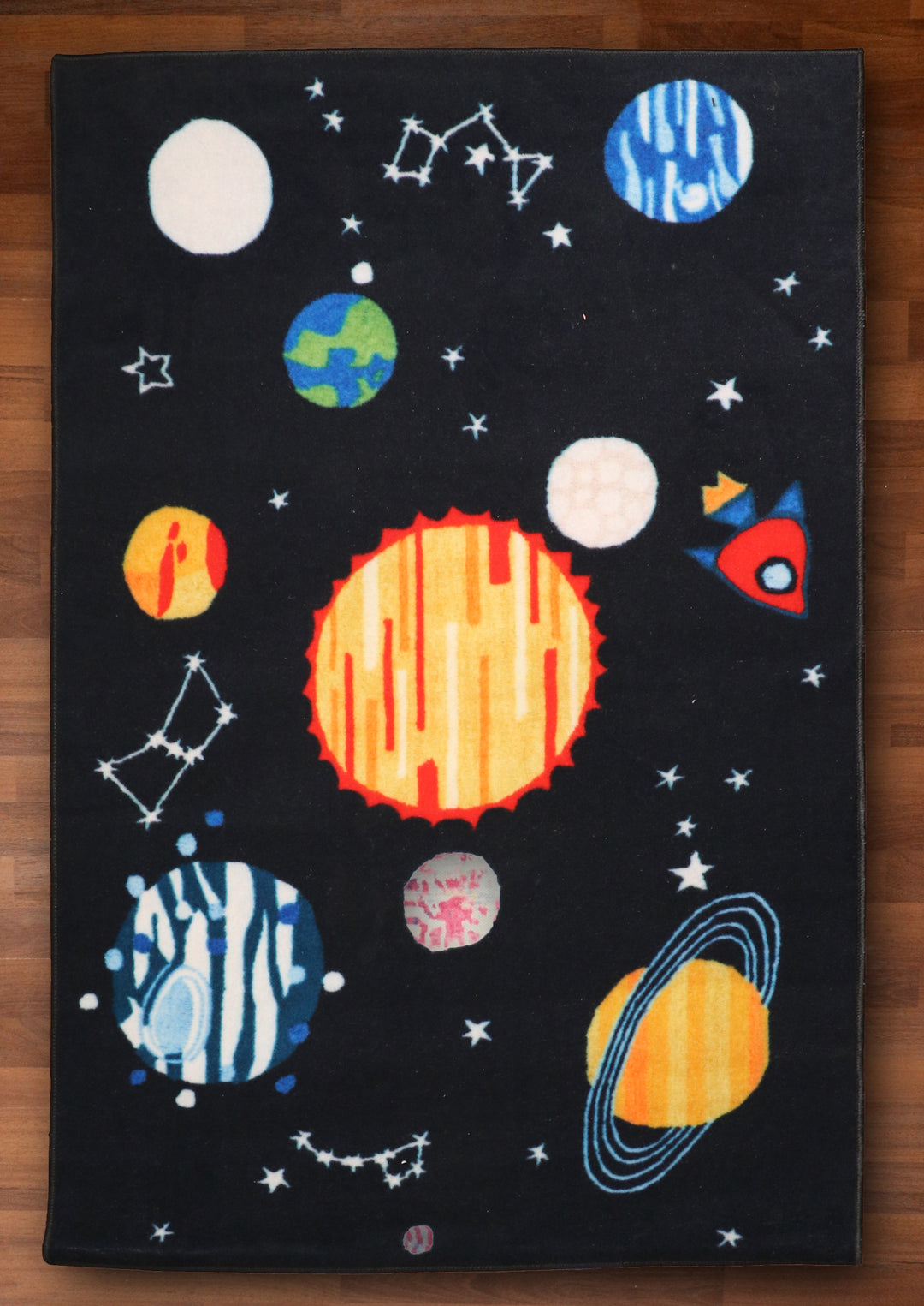 Black with Multi Color Kids Space Drawing Print Rectangle Kids Non Woven Rug with Non Slip TPR Backing For Everyday Use