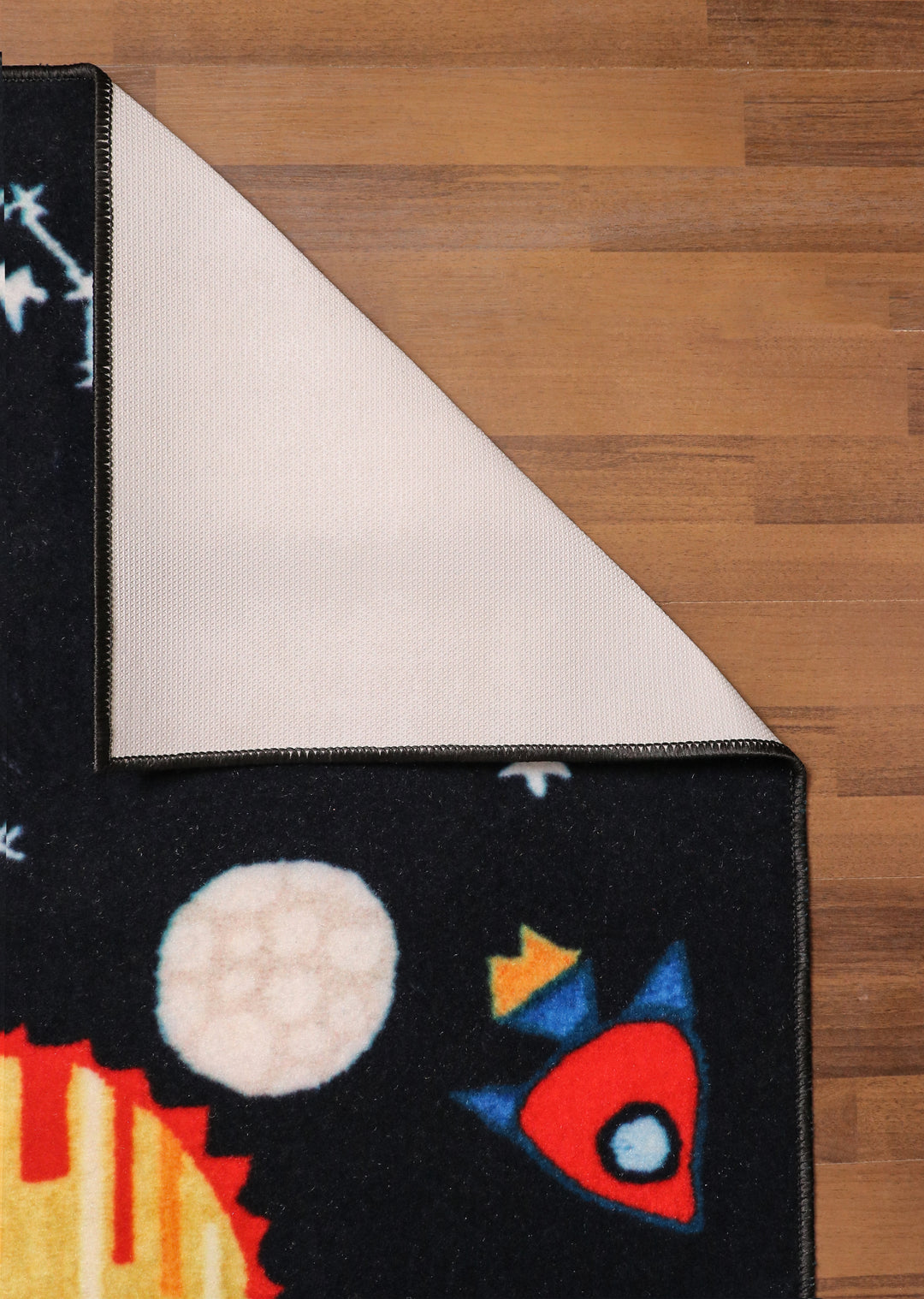 Black with Multi Color Kids Space Drawing Print Rectangle Kids Non Woven Rug with Non Slip TPR Backing For Everyday Use