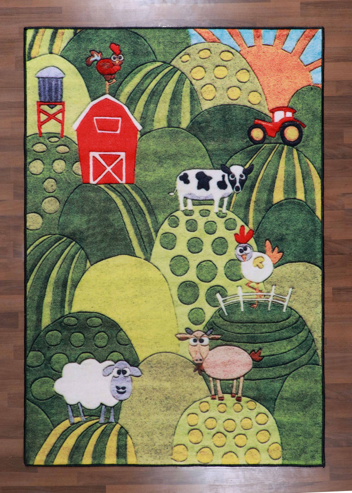 Multi Color Farm & Animals Drawing Print Rug
