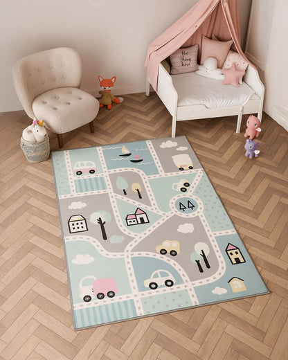 Multi Color Roads & Neighbourhood Drawing Print Rug