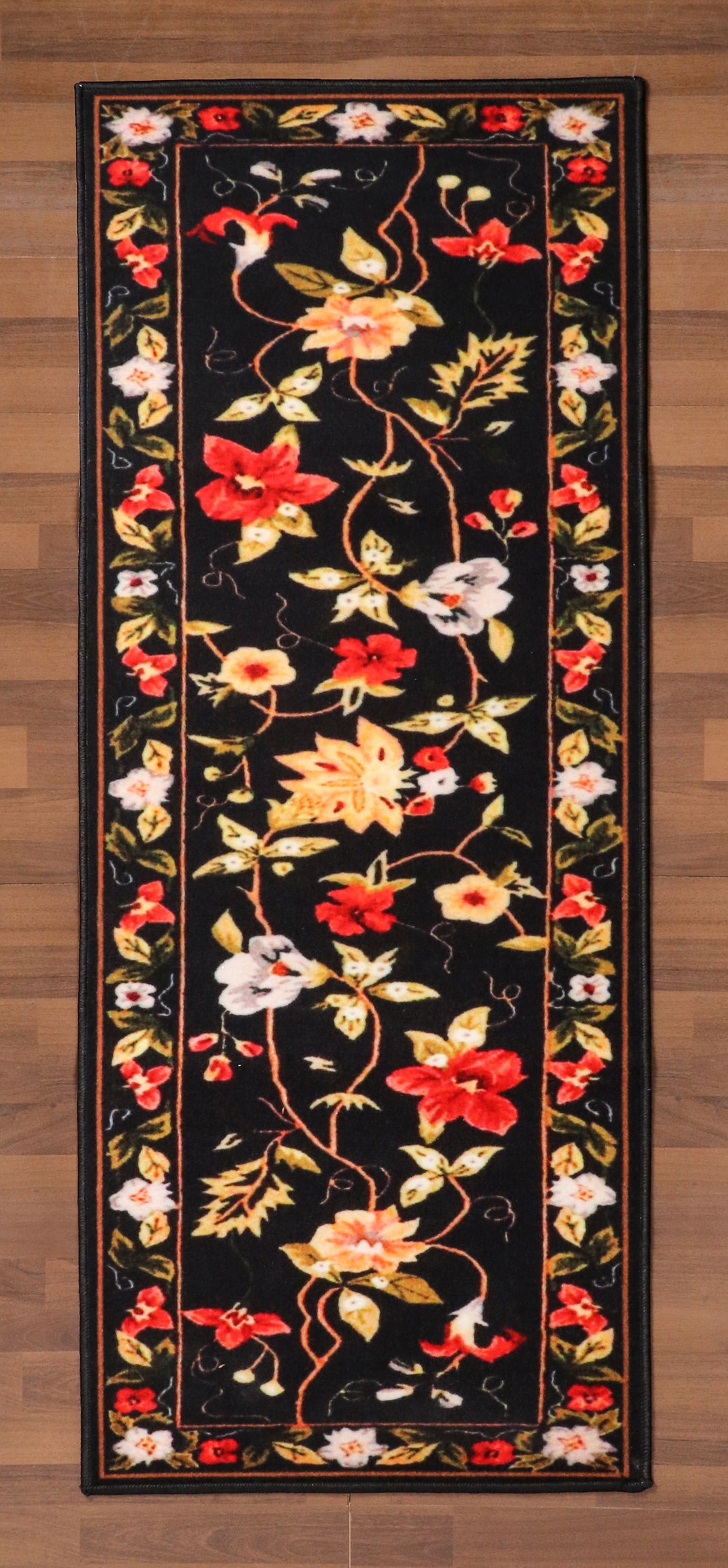Black with Multi Color Floral Print Non Woven Runner with Non Slip TPR Backing