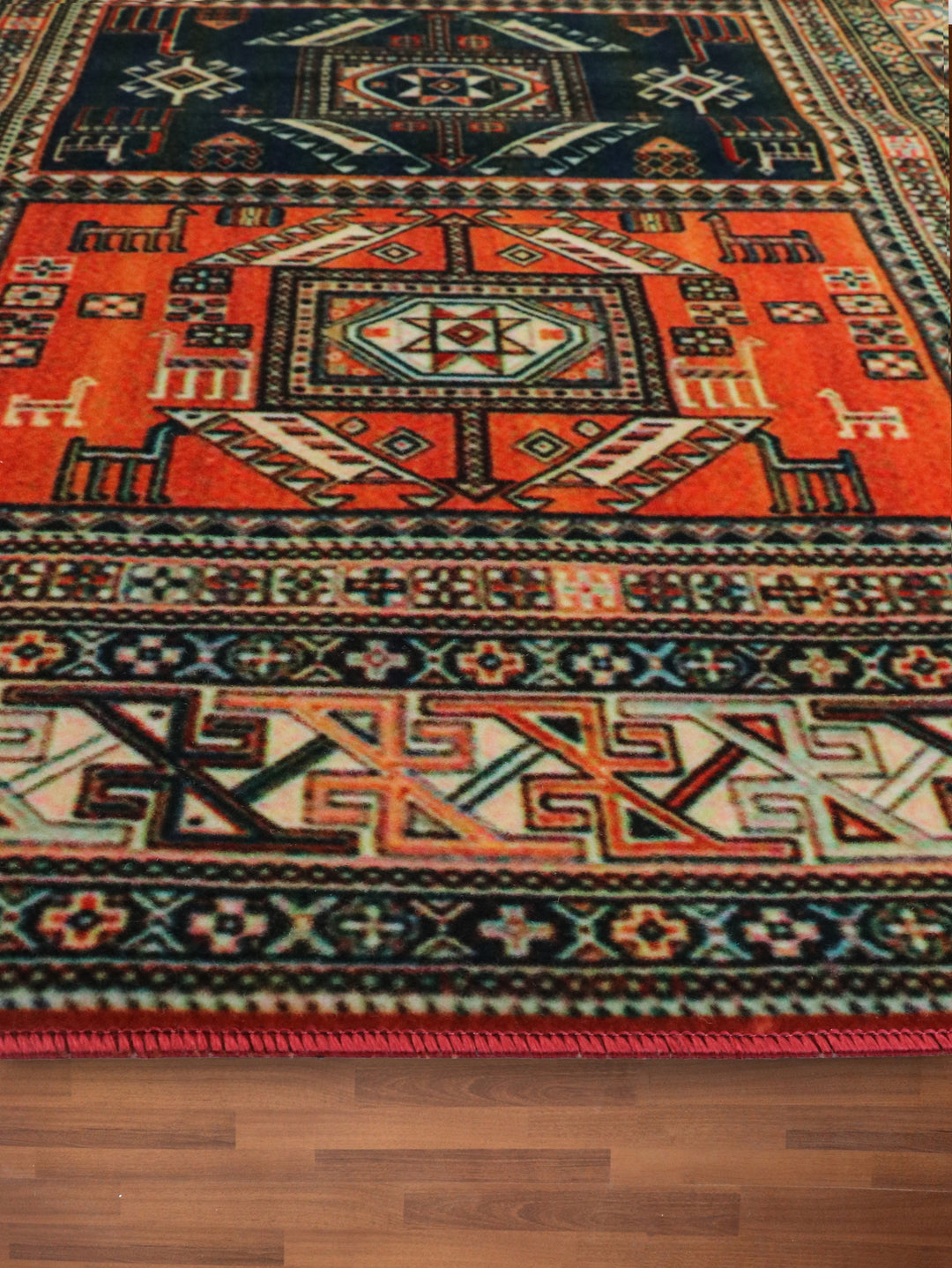 Multi Color Tribal Print Rectangle Non Woven Rug with Non Slip TPR Backing For Everyday Use