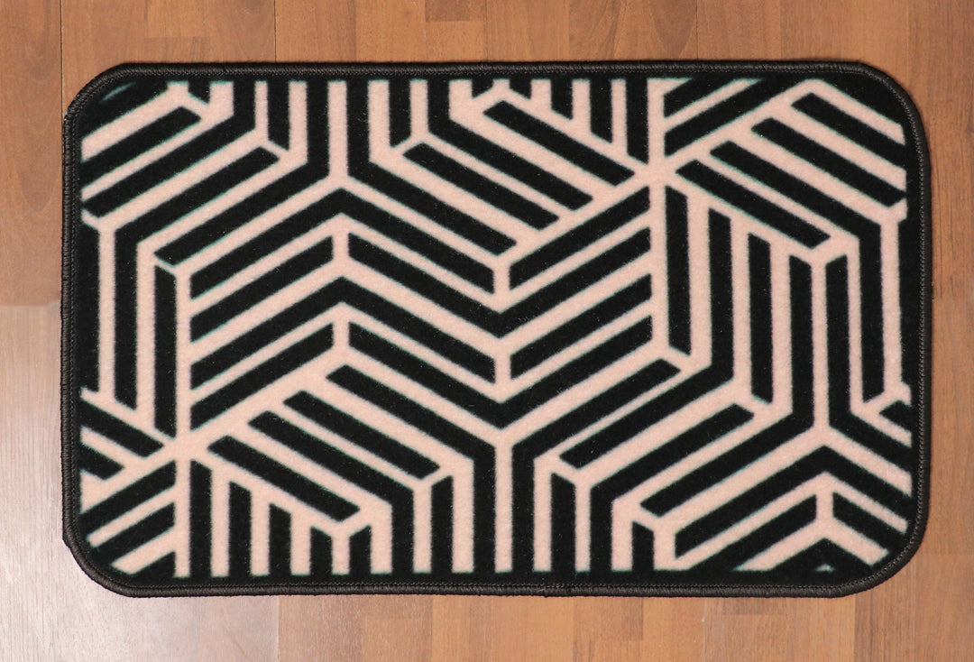 Black with Beige Color Geometrical Print Non Woven Door Mat with Anti Slip TPR Backing For Everyday Use