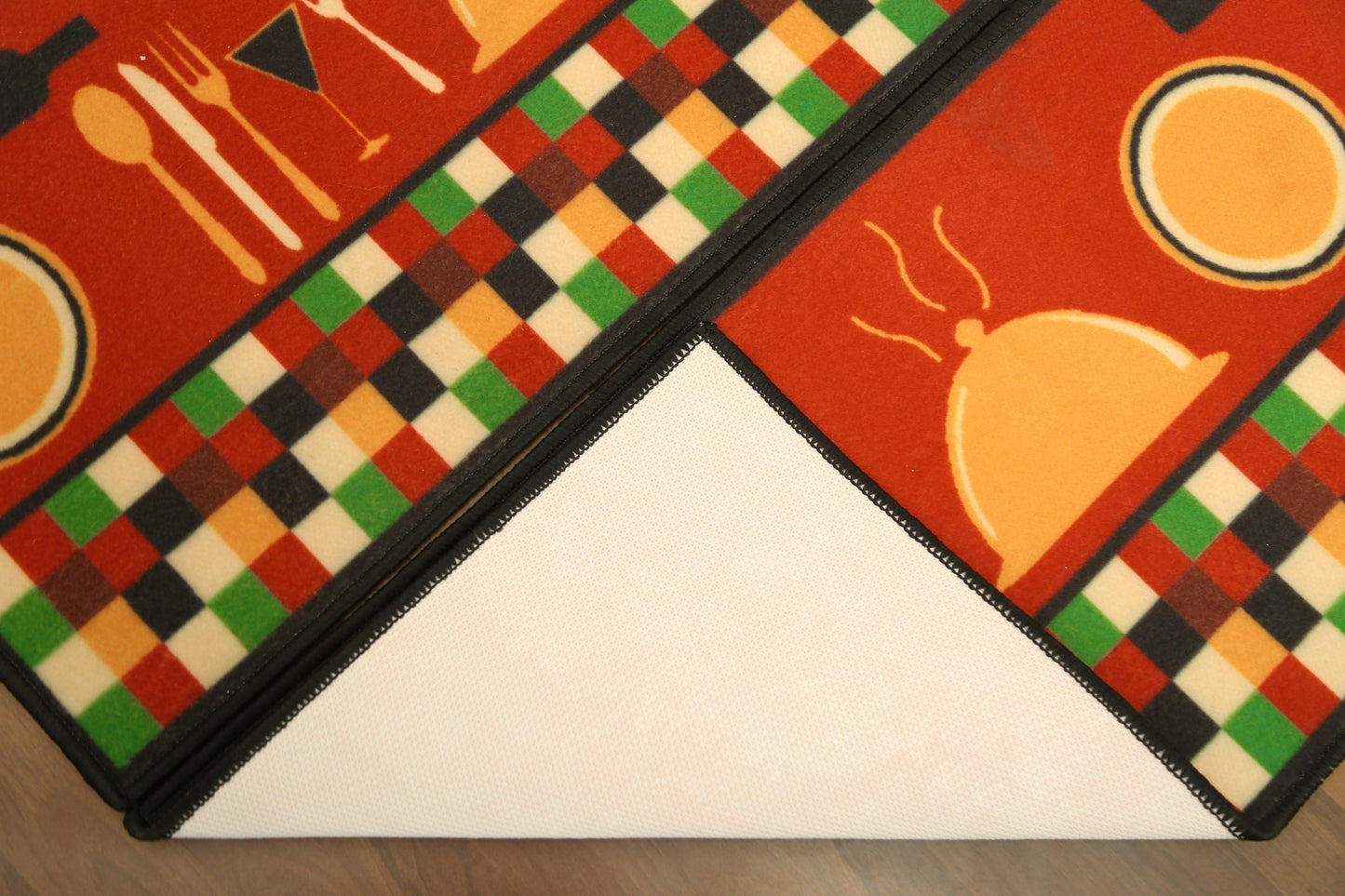Red With Multi Color Utensils Print Kitchen Mat Set
