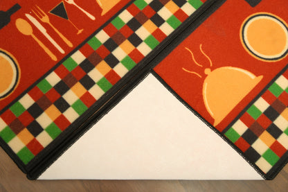Red With Multi Color Utensils Print Kitchen Mat Set