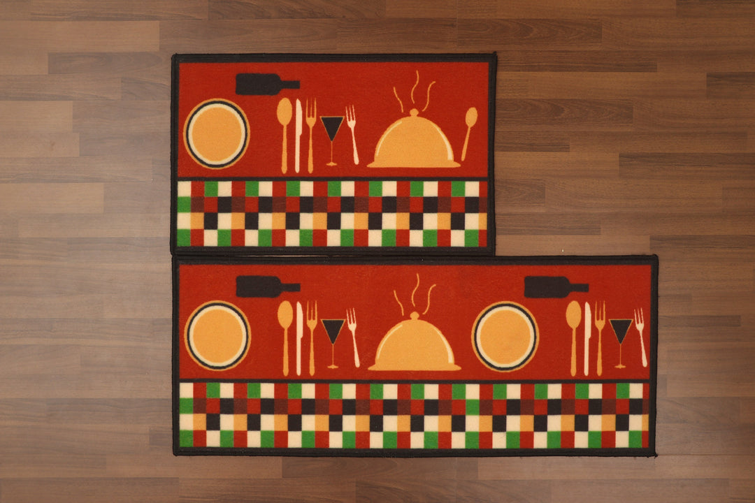 Red With Multi Color Utensils Print Kitchen Mat Set