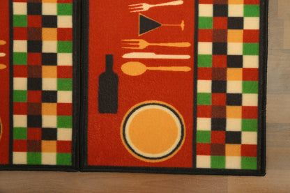 Red With Multi Color Utensils Print Kitchen Mat Set