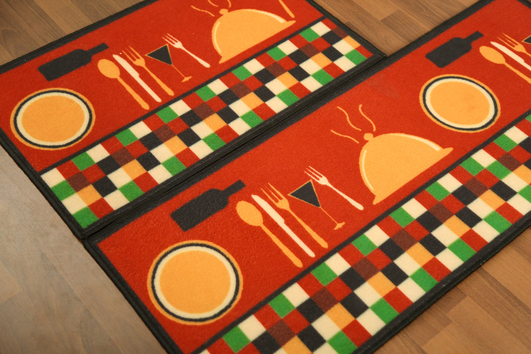 Red With Multi Color Utensils Print Kitchen Mat Set
