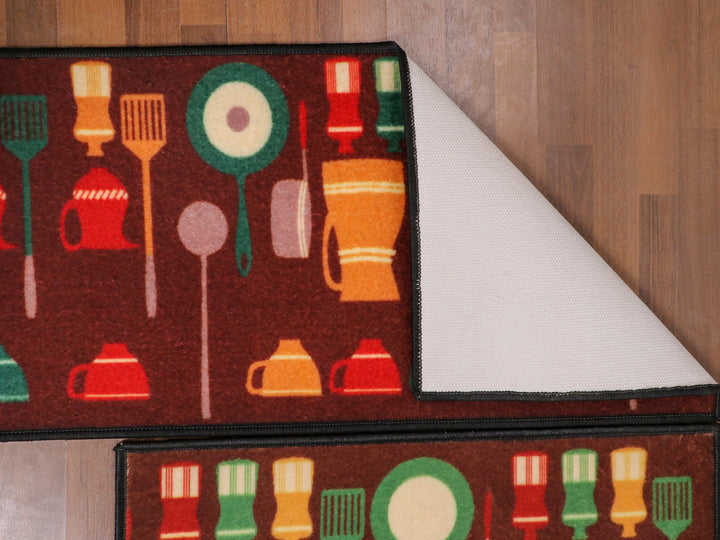 Brown With Multi Color Utensils Print Kitchen Mat Set