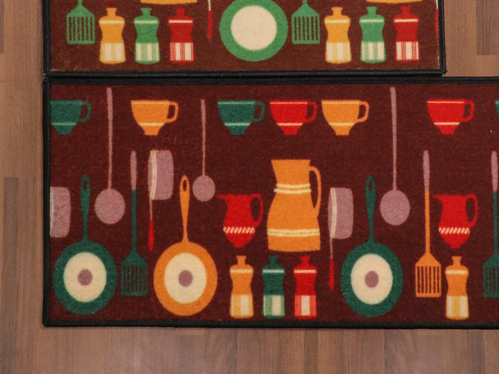 Brown With Multi Color Utensils Print Kitchen Mat Set