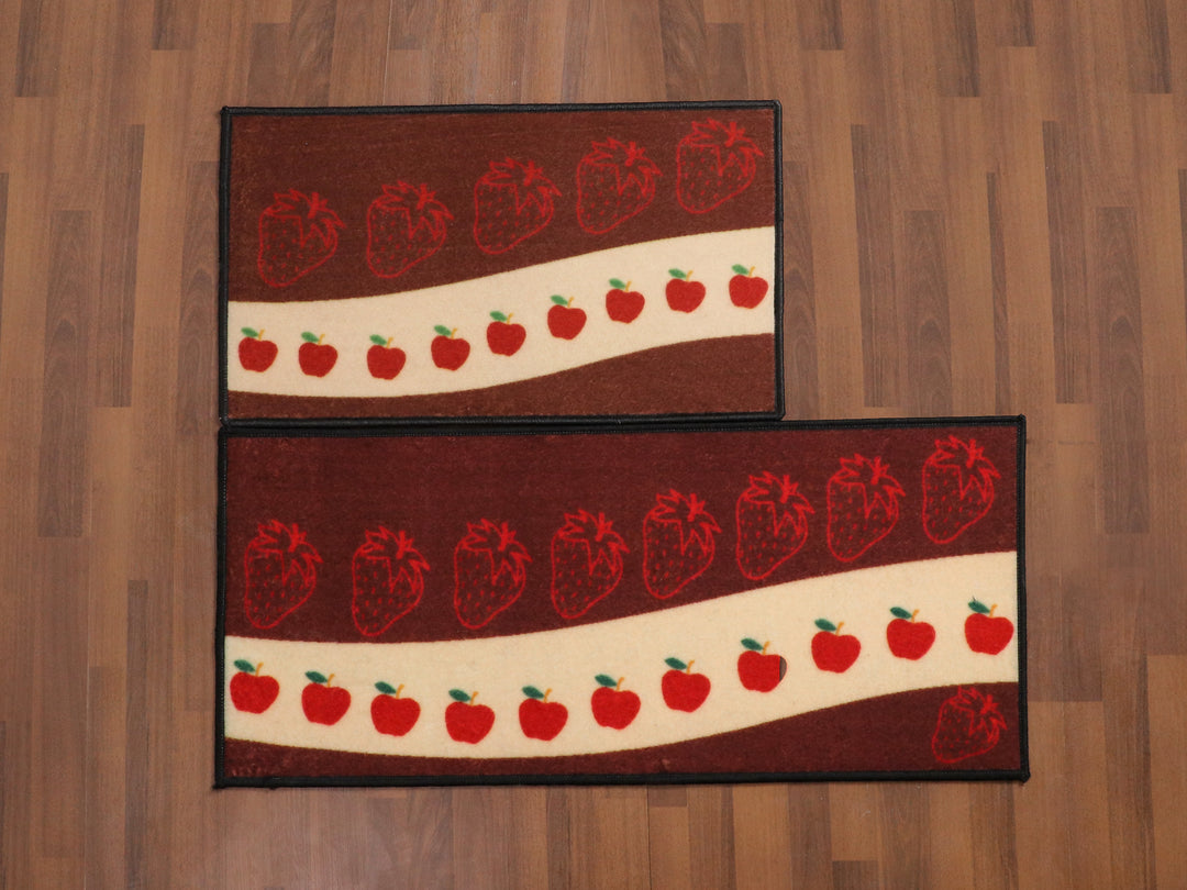 Maroon and Beige Fruits Print Kitchen Mat Set Non Woven with Non Slip TPR Backing For Daily Use