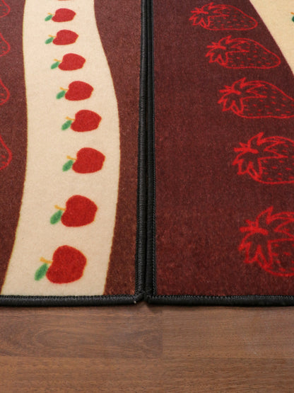Maroon & Beige Fruits Print Kitchen Mat Set