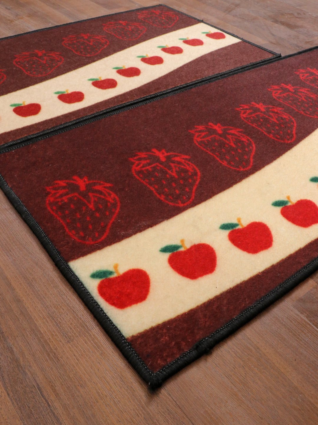 Maroon and Beige Fruits Print Kitchen Mat Set Non Woven with Non Slip TPR Backing For Daily Use