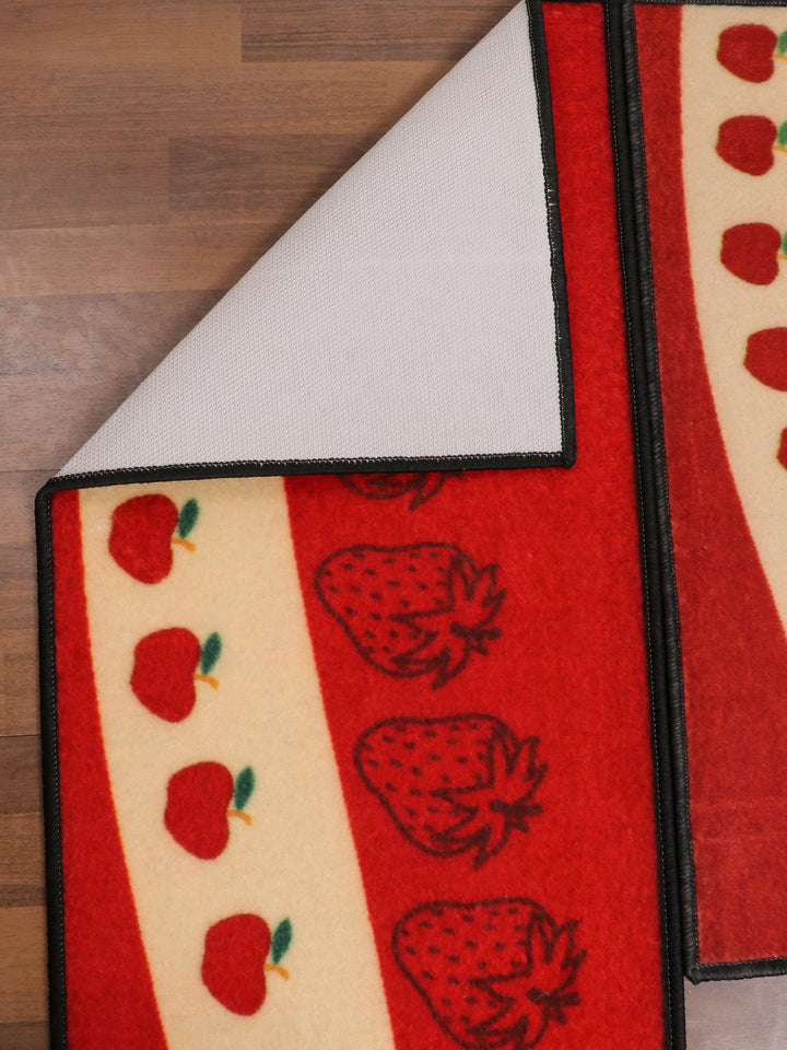 Red and Beige Fruits Print Kitchen Mat Set Non Woven with Non Slip TPR Backing For Daily Use