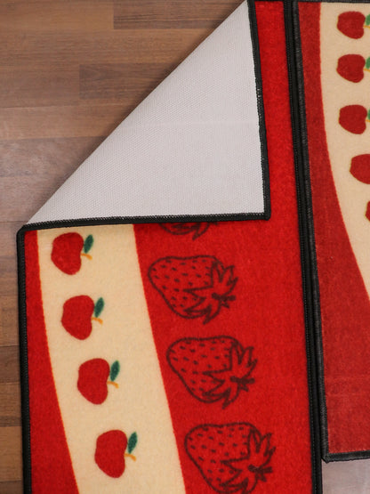 Red and Beige Fruits Print Kitchen Mat Set
