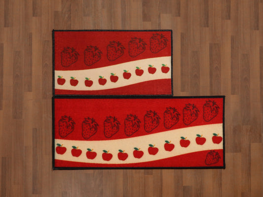 Red and Beige Fruits Print Kitchen Mat Set