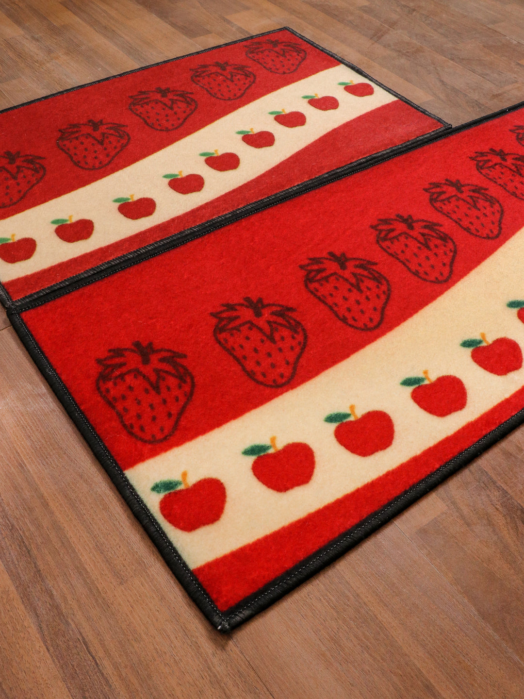 Red and Beige Fruits Print Kitchen Mat Set Non Woven with Non Slip TPR Backing For Daily Use