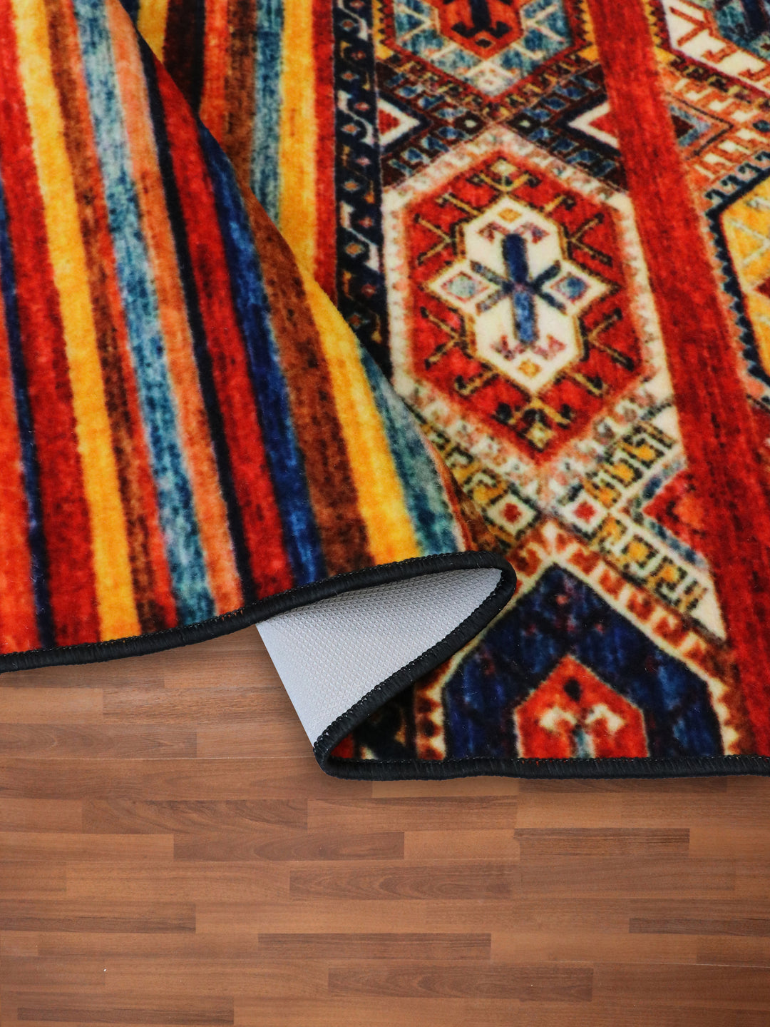 Multi Color Kazak Print Rectangle Non Woven Rug with Non Slip TPR Backing For Everyday Use